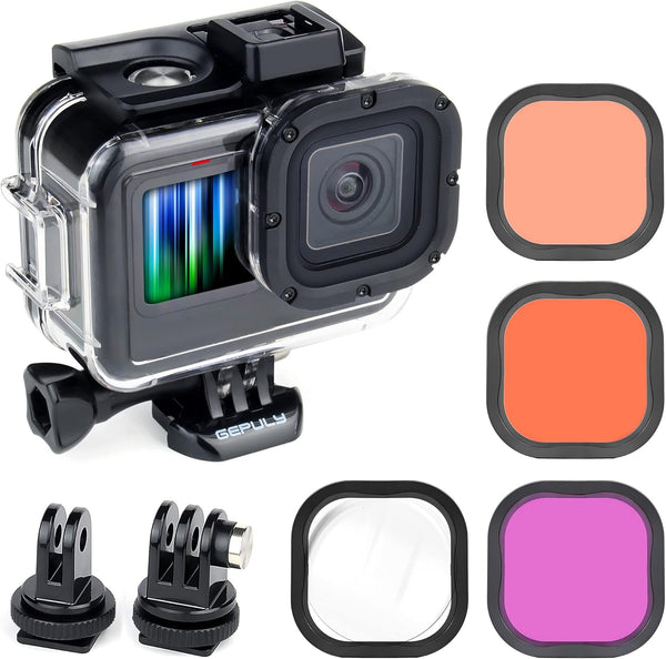 Waterproof Dive Case with Filters for GoPro Hero 9 10 11 12 Black, 60m Underwater Housing with Red, Snorkel, Magenta