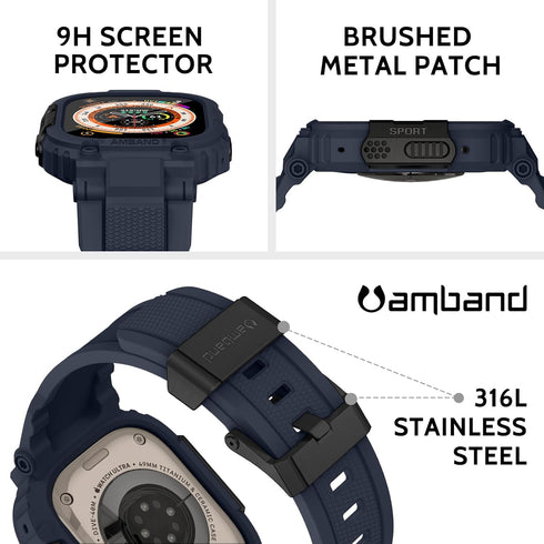 amBand Case Screen Protector Bands Compatible with Apple Watch Ultra 2/1 49mm, Navy Blue Rugged Cover Strap & 9H Glass