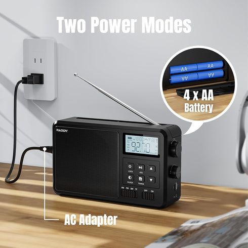 Raddy RF206 Digital AM FM Shortwave Radio, Portable Receiver with 8W Speaker, Battery Powered for Home & Gift