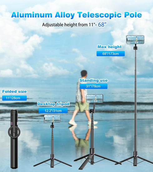 umaakyat 68" 360 Magnetic Selfie Stick Tripod for iPhone,Portable Cell Phone Tripod Stand for Magsafe with Rechargeable