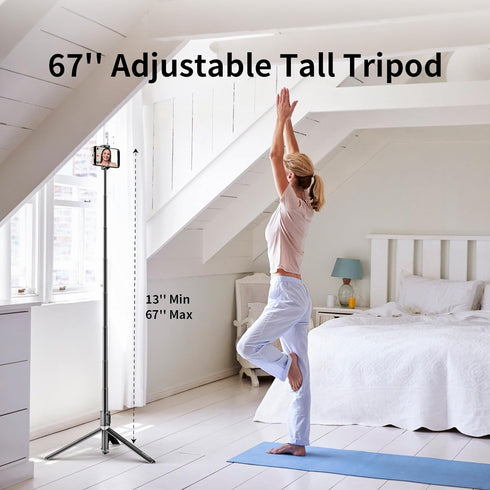 KOLOOBO 67'' 360 Automatic Phone Tripod, Auto-Open Selfie Stick for iPhone with Remote, Rotatable Extendable Phone