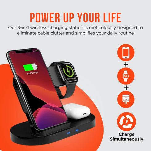 HyperGear 3 in 1 Wireless Charging Station - 10W Fast Wireless Charger Stand, Pad & Watch Mount for iPhone, Android,