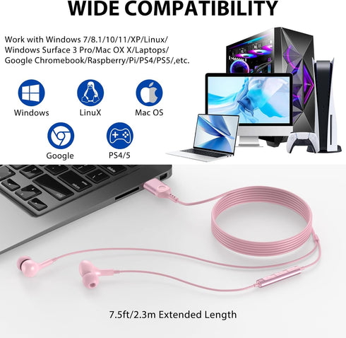 USB Headphone for PC Laptop - Magnetic 2.3M Wired Earbuds with Microphone Control and Noise Canceling