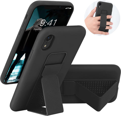 LAUDTEC iPhone XR Case Compatible, Silicone Kickstand with Hand Strap, Flexible Soft Liquid Silicone Stand Case - Black