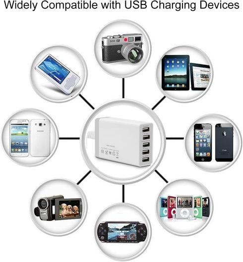 Desktop 5 Port USB Wall Charger 40W 8A, USB Hub Charging Station for Multiple Devices, Portable Multi Port USB Charger