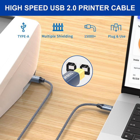 50ft 2.0 USB Printer Cable, High Speed USB A to USB B Printer Cord Compatible for Keyboard,MacBook,Printers