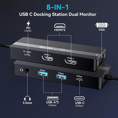 ACASIS Monitors,8-in-1 2*HDMI +3 5G USB-A/C+3.5MM Audio+PD100W, USB C Docking Station Dual Laptop Docking Station