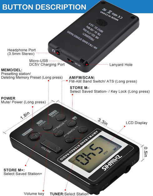 ZHIWHIS Portable Radio, AM FM Mini Transistor Rechargeable Battery Personal Digital Tuning Stereo Pocket Walkmen with