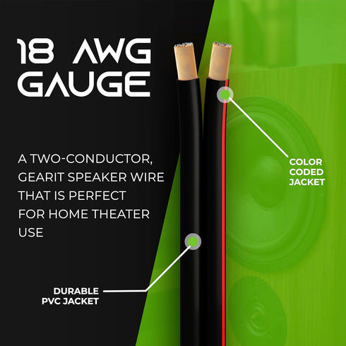 18AWG Speaker Wire, GearIT Pro Series 18 AWG Gauge Speaker Wire Cable (100 Feet / 30.48 Meters) Great Use for Home Theater Speakers and Car Speakers Black by GearIT