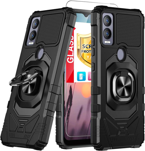 TJS Cricket Magic 5G Case, AT&T Propel 5G Case with Tempered Glass Screen Protector, Heavy Duty Drop Protection (Black)