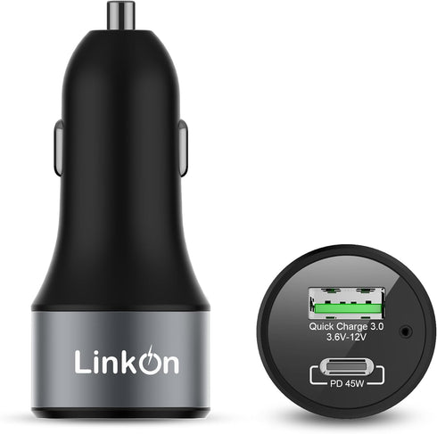 LinkOn 63W Car Charger, 45W USB-C PD3.0 PPS and 18W USB-A QC3.0 Compatible with MacBook Air, iPhone Xs/Max/XR/X/8,
