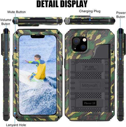 Mitywah Waterproof Case for iPhone 13, Heavy Duty Military Grade Protection with Built-in Screen Protector, 6.1 inch,
