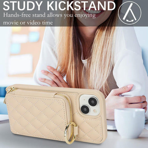 Hamany 15, 5G 6.1 Inch-White Crossbody Wallet Case for iPhone PU Leather Zipper Handbag Purse Flip Cover, Kickstand