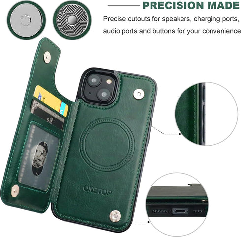 OT ONETOP 13 6.1 Inch ONETOP Compatible with Magsafe for iPhone Wallet Case with Card Holder, PU Leather Kickstand RFID