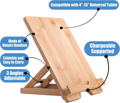 Bamboo Tablet Stand Holder, Adjustable Folding Wood iPad Stand with Chargeable Hole for Desk iPad Cooking Stand