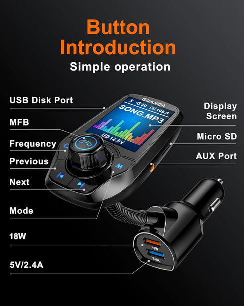 Upgraded Bluetooth FM Transmitter for Car, Wireless Radio Adapter Kit with 1.8" Color Display, Fast Charge 18W - Black