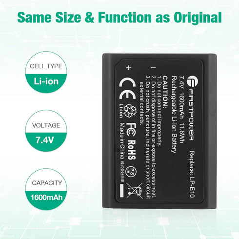 FirstPower Replacement LP-E10 Batteries for Canon EOS Rebel T3, T5, T6, T7, T100, 2-Pack 1600mAh