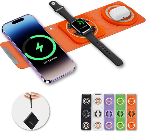 3-in-1 Foldable Magnetic Wireless Charger Keychain, 15W Fast Charger for iPhone 15/14/13/12, AirPods (Orange)