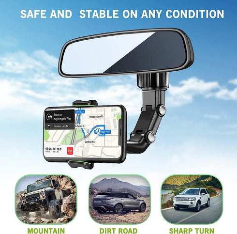 Rearview Mirror Phone Holder for Car, 360° Rotatable and Retractable Multifunctional Phone Holder - Black