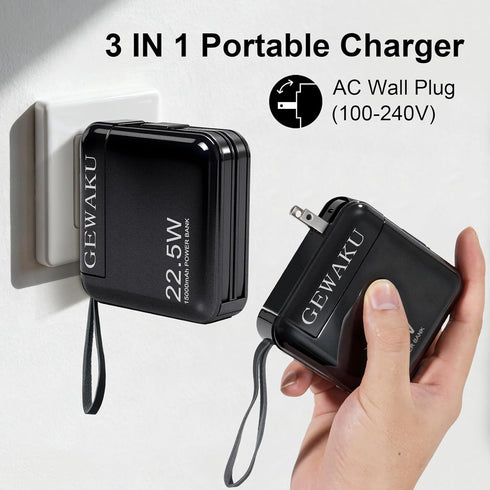 GEWAKU 15000mAh 22.5W 3-in-1 Pack 17,iPad, Portable Charger with Wall Plug Power Bank Fast Charging Built-in Cables