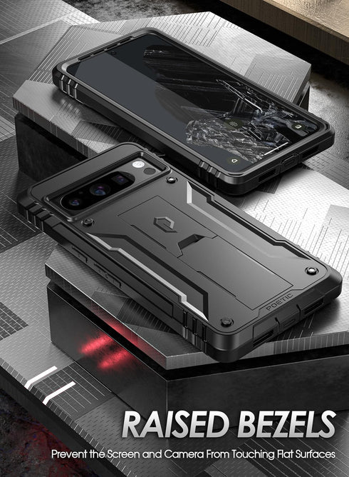 Poetic Revolution Case for Pixel 8 Pro 5G, Rugged Shockproof Cover with Kickstand & Built-in Screen Protector, Black