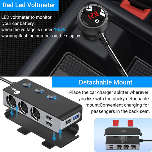 Quick Charge 3.0 Cigarette Lighter Splitter, Qidoe 3 Socket 180W Adapter with 4 USB Fast Charging