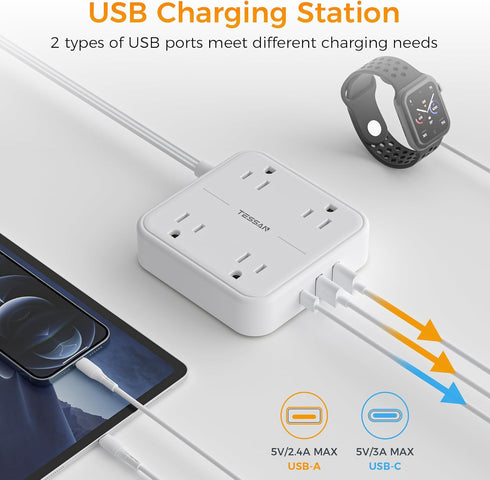 Long Flat Extension Cord 15 ft with TESSAN Surge Protector Power Strip and 4 Outlets
