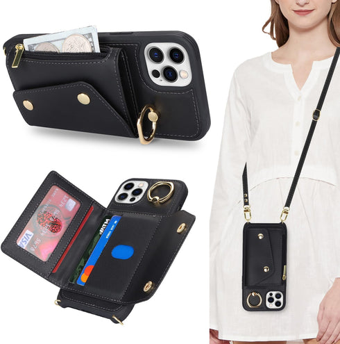 iPhone 12/12 Pro Case with Card Holder and Strap, Zipper Pocket, Crossbody Lanyard, Cute Wallet Case for Women (Black,