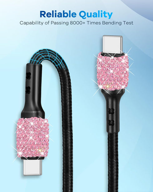 Bling USB C Car Charger, 48W PD + QC Dual Port Fast Charging Adapter with 3.2FT USB Type-C Cable (Pink)