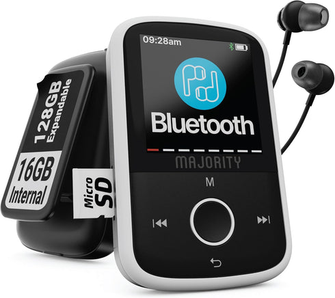 MP3 Player with Bluetooth and Sports Clip, Earbuds Included, Expandable to 128GB, HD Color Screen, 34 Hours Battery