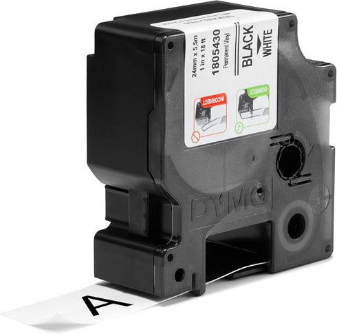 Industrial Vinyl Labels, 1", Black Print on White Tape by DYMO Rhino
