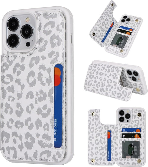 iCoverCase for iPhone 13 Pro Max, Wallet Case with Card Holder, RFID Blocking PU Leather Protective Case (Gray Leopard)