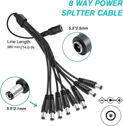 Security Camera Power Supply, 12V AC Adapter, for Lorex, Samsung, Q-See, Night Owl, Swann, Annke Cameras and CCTV DVR Surveillance System, with 8-Way Splitter Cable