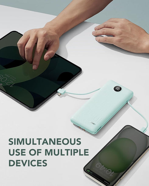 VRURC Portable Charger 10000mAh, Built-in Cables & AC Wall Plug, Compact Lightweight Power Bank for Smart Phones - Green
