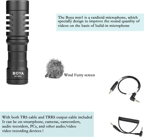 BOYA MM1 Universal Camera Microphone Super-Cardioid Shotgun Microphone with Shock Mount for Camera, Consumer, Camcorder