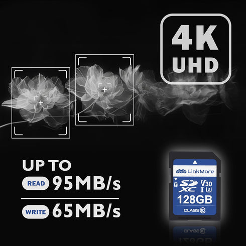 LinkMore SD Card 128GB Compatible with Camera, PC, UHS-I, U3, V30, Class 10, Read Speed Up to 95 MB/s, Write Speed Up to 65MB/s