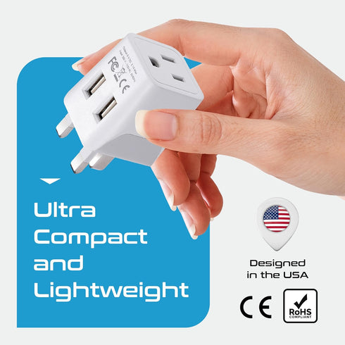 Ceptics UK Travel Adapter Plug - Type G with 2 USB + USA Socket Input - Ultra Compact & Safe Grounded for Cell Phones,