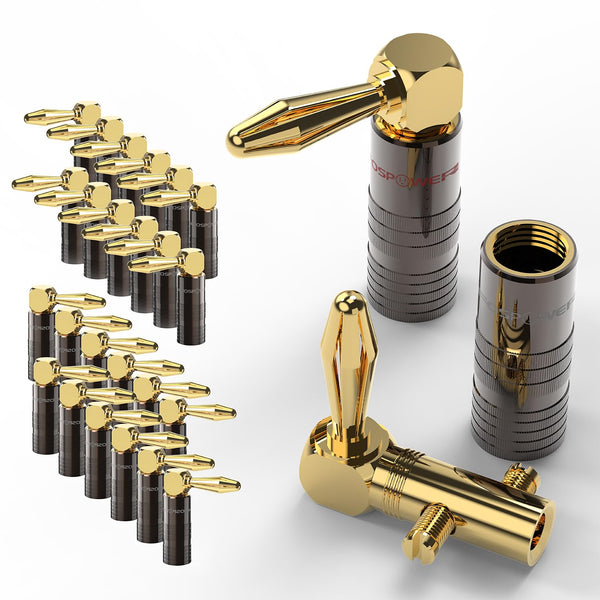 FosPower Right Angle Banana Plugs (12 Pairs / 24 pcs), 24K Gold Plated Closed Screw Speaker Plug Connectors