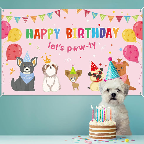 Dog Girl Party Decorations, Pink Puppy Dog Themed Birthday Supplies, Lets Party Banner Backdrop for Kids Photography