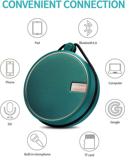 INSMY C12 IPX7 Waterproof Shower Bluetooth Speaker, Portable Small Speaker with Loud Clear Sound, Teal