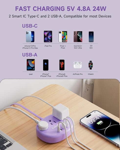 kakahigh 5 1625W 3 4 (24W/4.8A), Purple Extension Cord with USB C - FT Flat Power Strip, Cute Extension Cord with AC