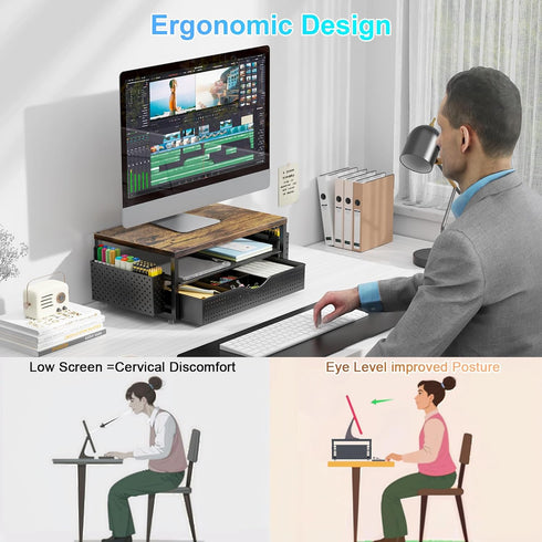 2-Tier gianotter Wood Monitor Stand Riser, Office Desk Shelf Organizer, Desk Organizer with Drawer and Pen Holder