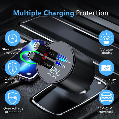 Retractable Car Charger, 66W 4 in 1 Super Fast Charging with 2 Retractable Cables and 2 USB Ports for iPhone
