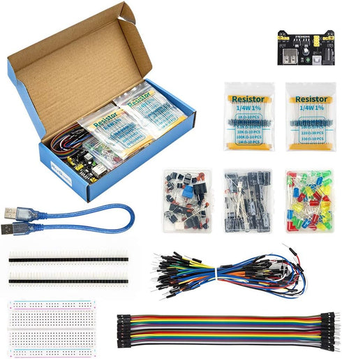 Electronics Basic Kit with Power Supply Module, Breadboard, Jumper Wire, LED, Resistor, 300+ pcs Sensors and Components