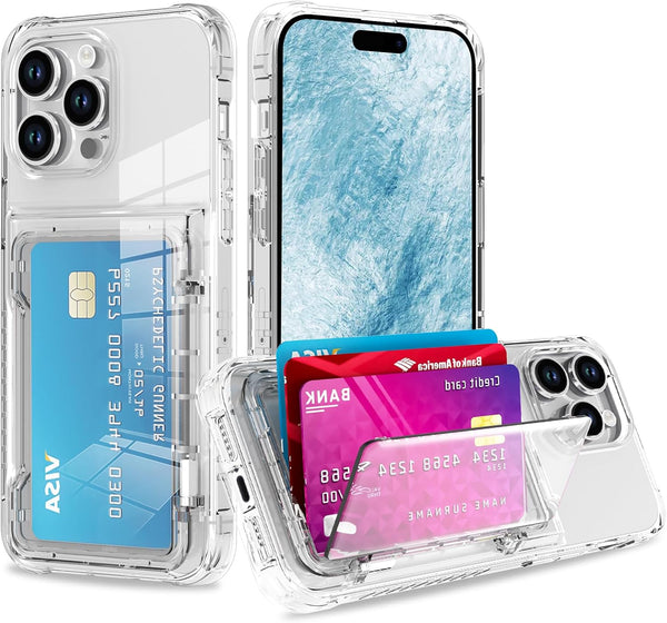 Wallet Case for iPhone 15 Pro, Shockproof Hybrid with 3-4 Credit Card Holder Slots, Heavy Duty Clear Cover Compatible