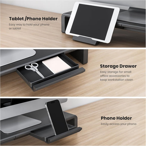 Monitor Stand Riser, Klearlook Foldable Computer Monitor Riser, Height Adjustable Desk Shelf Riser with Storage Drawer