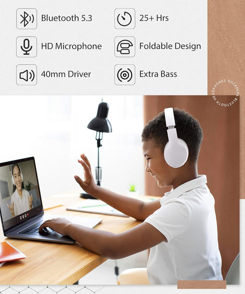 rockpapa E7 Over Ear Wireless Bluetooth Headphones with Mic, Travel Case, Foldable Wired/Wireless for Kids