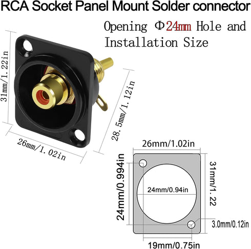 QIANRENON Gold Plated RCA Panel Mount Adapter, RCA Female to Solder Terminal AV Connector (Red)