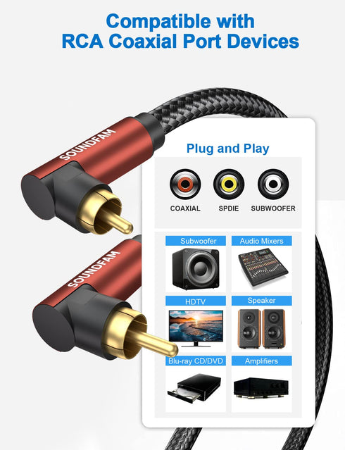 Dual 90 Degree RCA Cable Right Angle Subwoofer Cable - New Upgrade Double RCA Coaxial Audio Cable - Wine Red