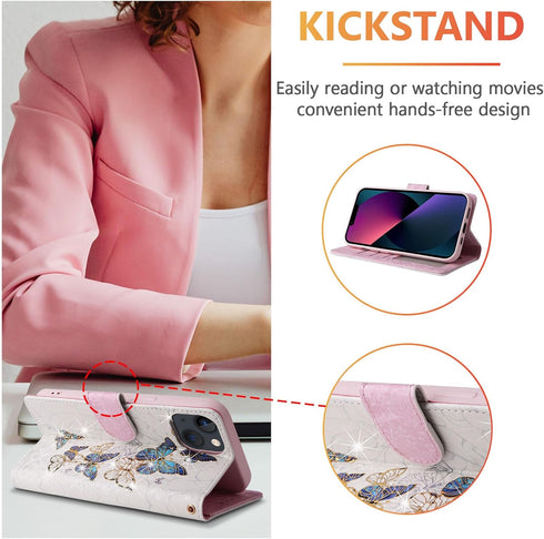 UEEBAI 15, Wallet Case for iPhone PU Leather Phone Cover Kickstand RFID Blocking Flip Case Card Slots Wrist Strap
